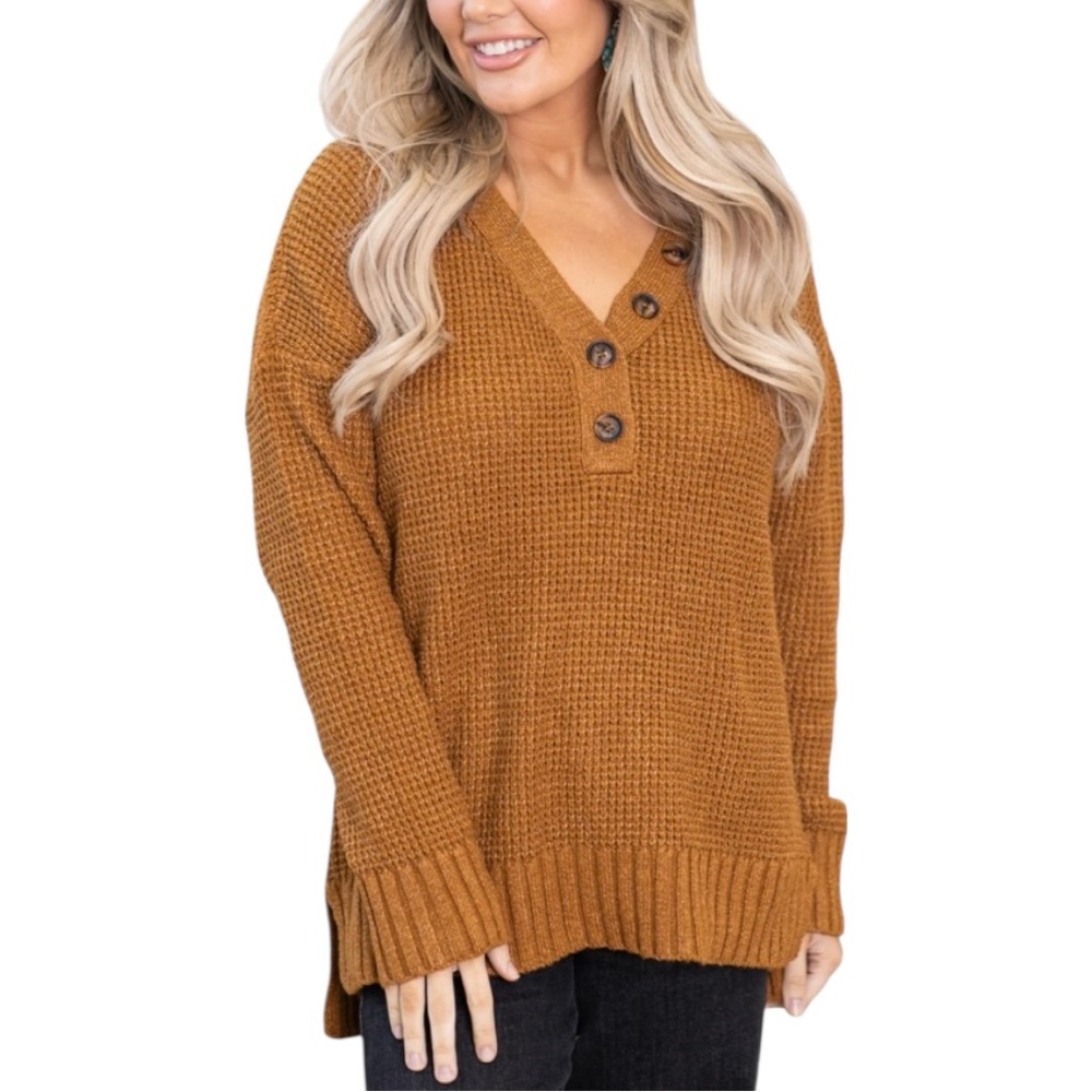 New In Camel Knit Sweater size Small Button Detail Long Sleeves NWT V Neck